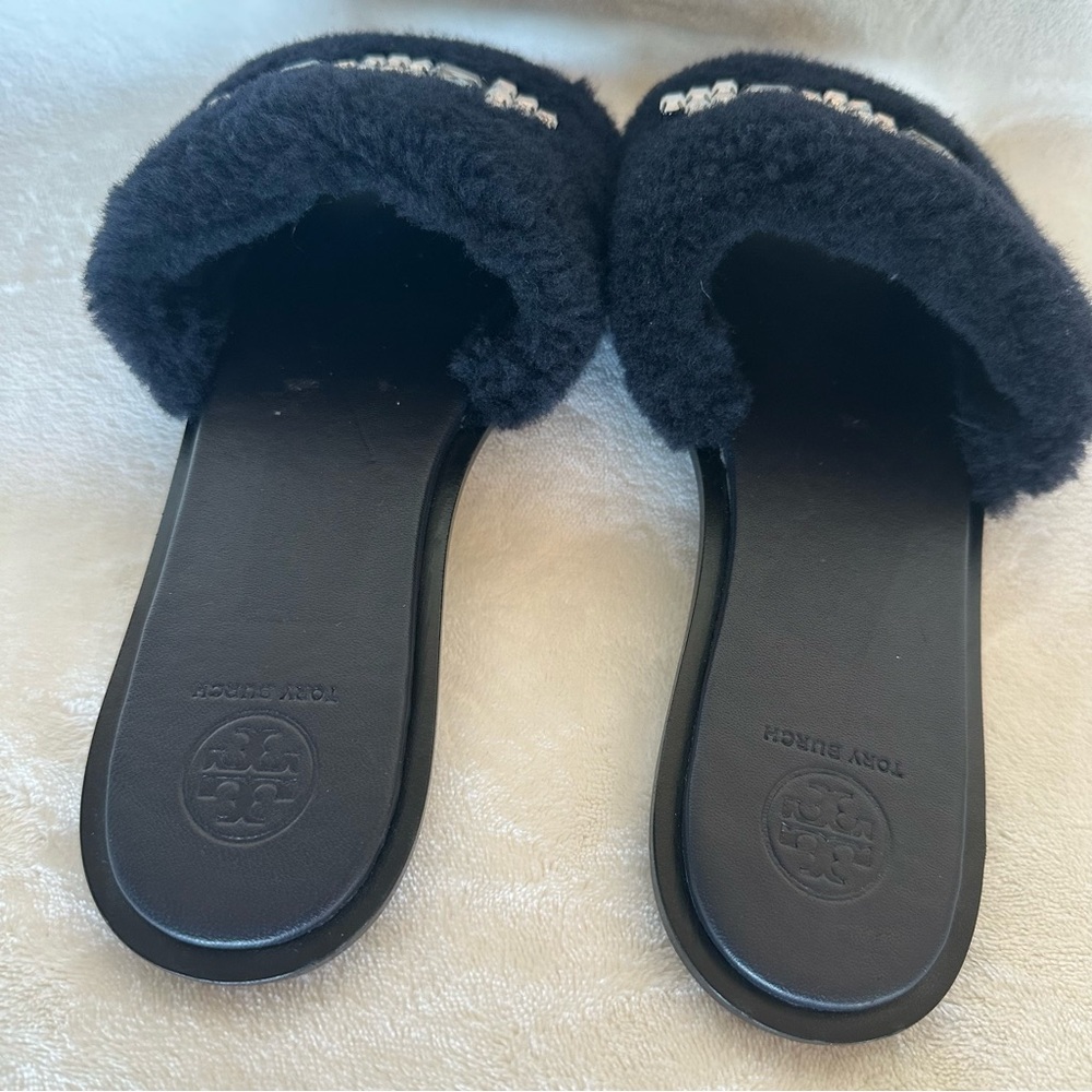 Tory Burch Aspen Crystal Embellished Black Shearling Sheep Slide Sandal Size 9 - Picture 5 of 9